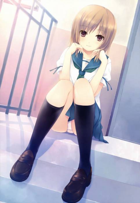 chiboard-b1t56063-20120319_1057569_absurdres_brown_eyes_brown_hair_coffee_kizoku_cure_girl_highres_hoshimiya_miyu_kneehighs_light_smile_loafers_panties_pantyshot_pantyshot_sitting_railing_solo_upby-anonymous.jpg