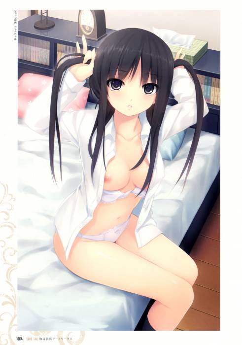 chiboard-b1t56093-20120319_1225854_absurdres_bed_bedroom_black_eyes_black_hair_black_legwear_bow_panties_bra_bra_pull_coffee_kizoku_cure_girl_dress_shirt_highres_kunimura_kotone_lingerie_navel_upby-anonymous.jpg