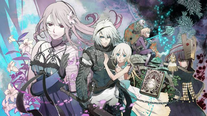 chiboard-b1t57231-20120918_Konachan.com_-_74989_bandage_blue_eyes_book_breasts_brown_eyes_chain_cleavage_dress_emil_flowers_gloves_kaine_long_hair_nier_pink_hair_ribbons_sword_tears_weapon_yonah_upby-Mugetsu.jpg