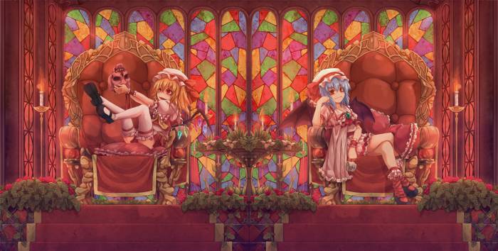 chiboard-b1t57593-20121030_Konachan.com_-_80827_blonde_hair_blue_hair_bow_flandre_scarlet_flowers_hat_red_eyes_remilia_scarlet_ribbons_touhou_wings_upby-Mugetsu.jpg