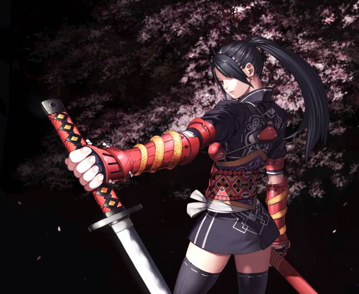 chiboard-b1t57616-20121109_Konachan.com_-_101770_armor_black_hair_brown_eyes_cherry_blossoms_katana_kurumayama_original_red_eyes_sword_thighhighs_weapon_upby-Mugetsu.jpg