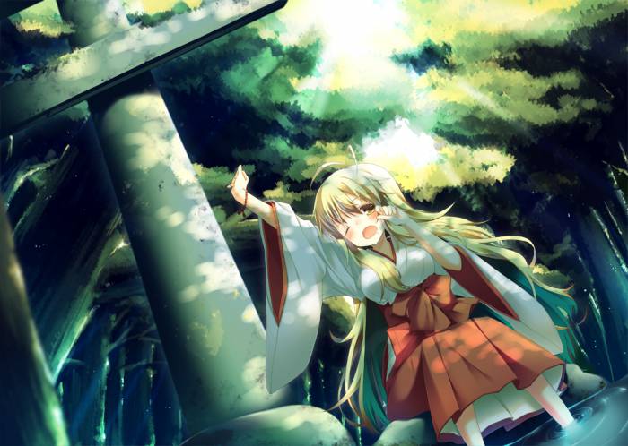 chiboard-b1t57966-20130203_Konachan.com_-_152195_blonde_hair_blush_dress_forest_hoshii_miki_idolmaster_japanese_clothes_long_hair_miko_tree_water_wink_yamucha_yellow_eyes_upby-ancia.jpg