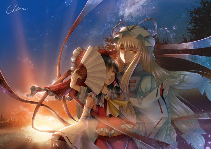 chiboard-b1t57981-20130203_Konachan.com_-_140203_2girls_black_hair_blonde_hair_bow_fan_hakurei_reimu_japanese_clothes_long_hair_madcocoon_miko_orange_eyes_red_eyes_signed_touhou_yakumo_yukari_upby-ancia.jpg